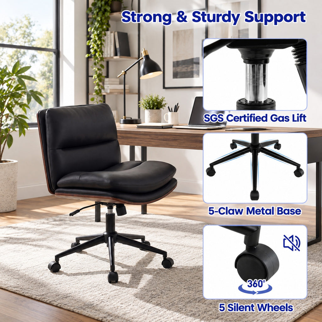 Airfind Armless Office Chair with Curved Backrest and Padded Seat, 245 lbs Capacity, Faux Leather Sponge Metal Plywood Frame, Black