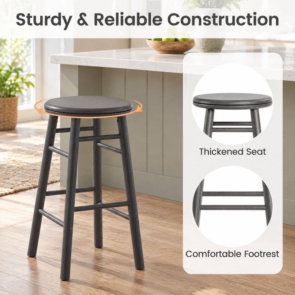 Airfind 24 Inch Swivel Bar Stools Set of 2 with Footrests and Crossbars, 330 lbs Capacity, Rubber Wood Frame, 13 Inch x 13 Inch x 24 Inch Footprint, Gray