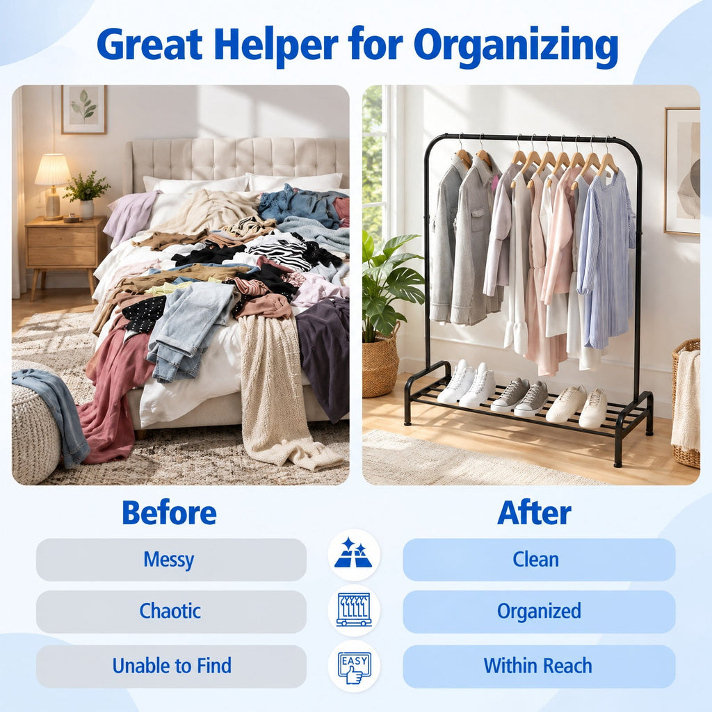 Airfind Heavy Duty Clothes Stand Rack with Top Rod and Lower Storage Shelf, 44 Lbs Capacity, Metal, 44 Inch X 16.5 Inch X 57 Inch, Black