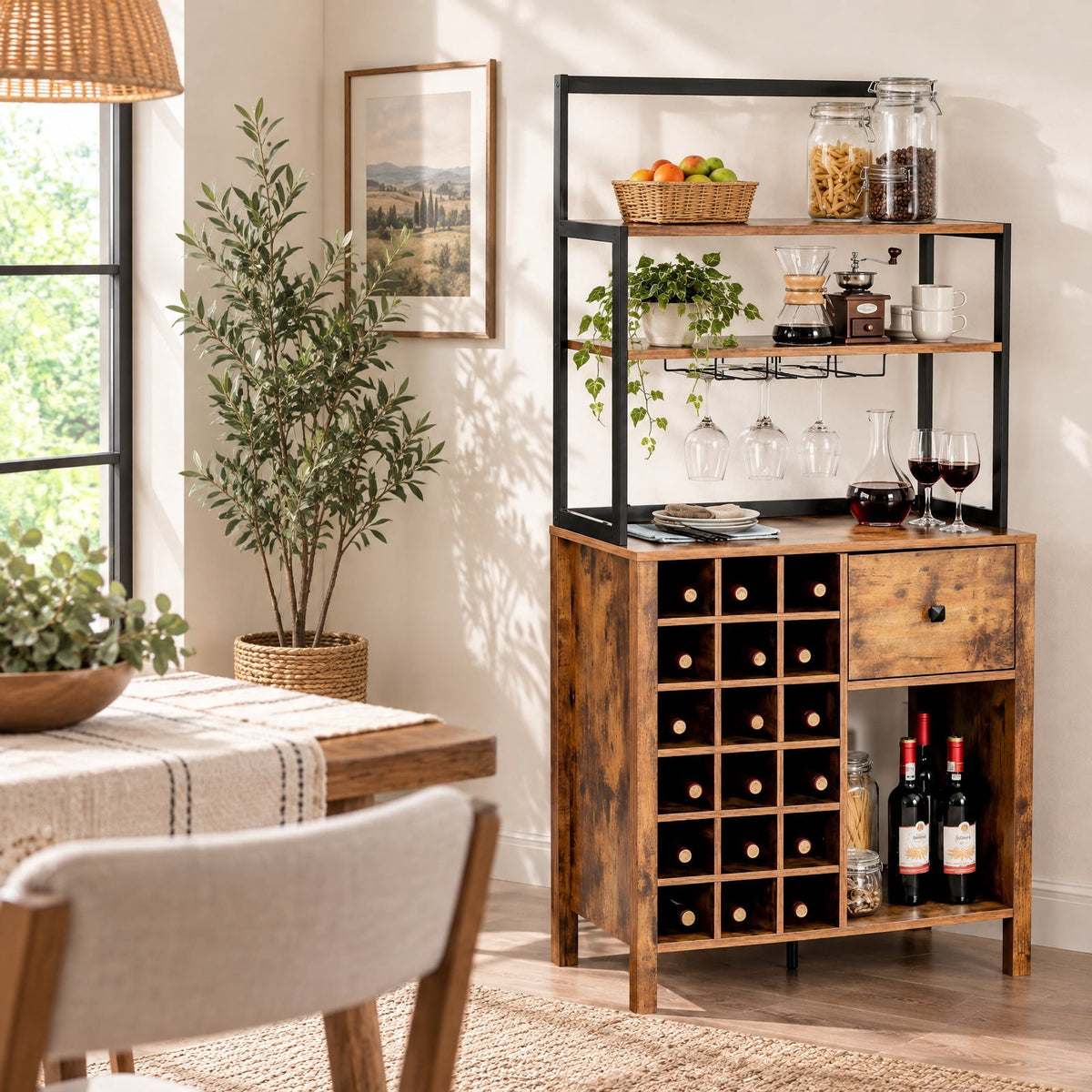 Airfind Kitchen Bakers Rack Freestanding Wine Rack Table with Glass Holder and Drawer, Engineered wood steel Frame, 31 x 16 x 64 Footprint, Brown