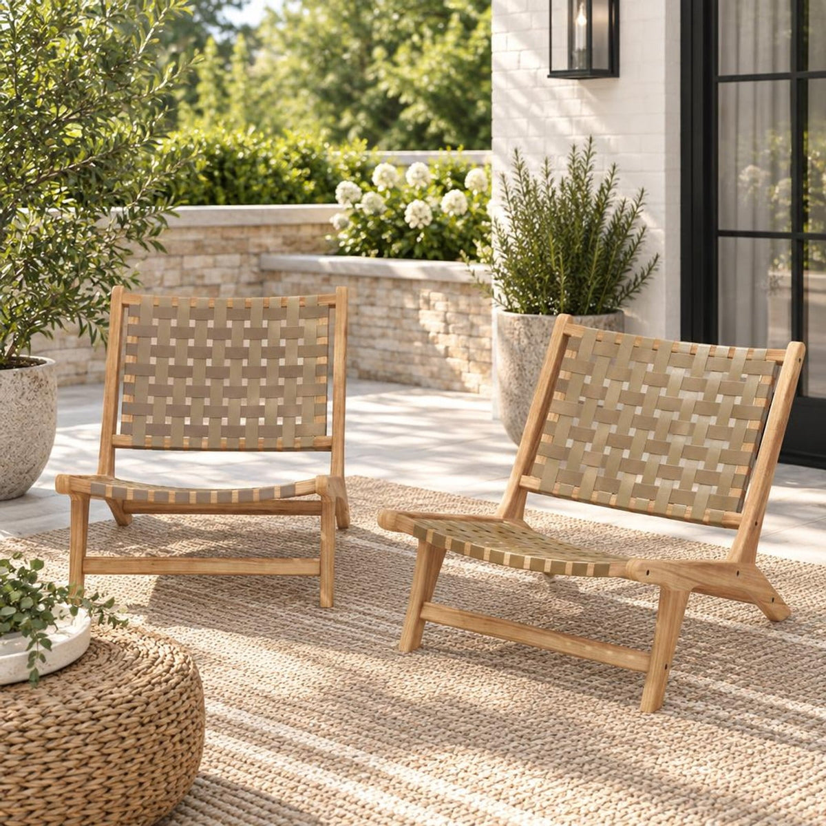 Airfind Modern Armless Teak Wood Lounge Chair with Nylon Woven Backrest and Seat, 240 lbs Capacity, Teak Wood Nylon Frame, Brown