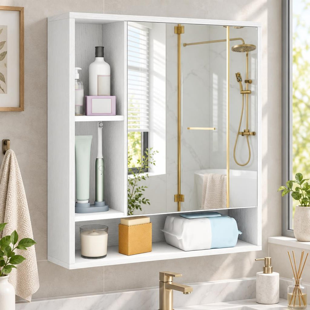 Airfind Wall Mounted Bathroom Cabinet with Mirror Single Door, 176 lbs Capacity, Glass MDF Engineered Wood Frame, 21.5 Inch x 6.5 Inch x 24 Inch Footprint