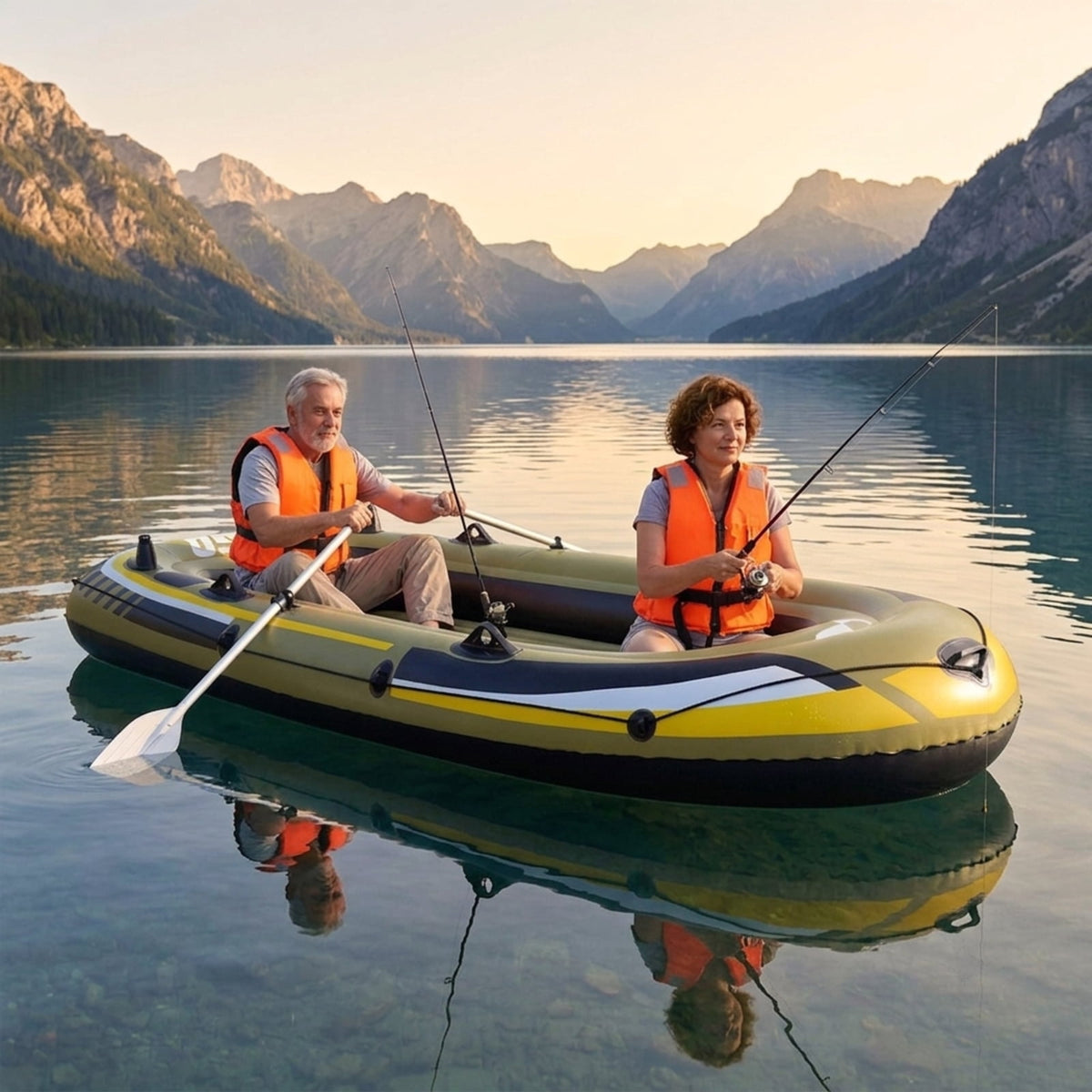 Airfind Heavy Duty Inflatable Fishing Boat 4 Person Raft Set with Aluminum Oars and Rod Holders for Fishing Drifting and Water Adventures, Green