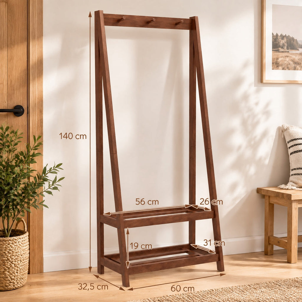 Airfind Freestanding Clothes Rack with 3 Hooks and 2 Shelves, 33 lbs Capacity, Rubber Wood Frame, 13 x 24 x 55 Footprint, Walnut