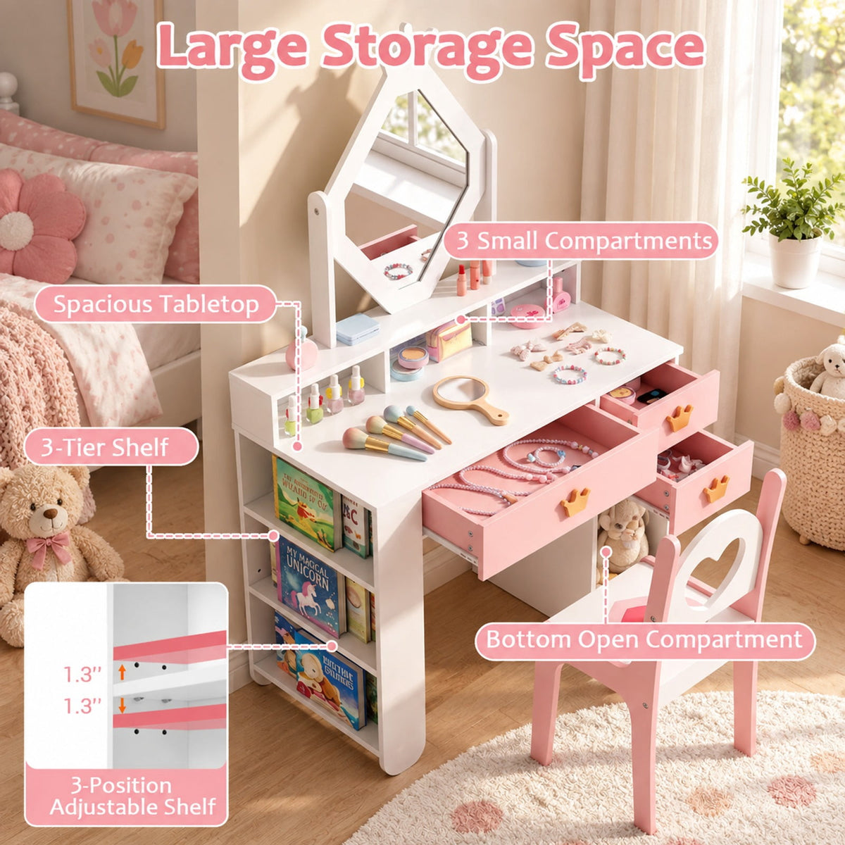 Airfind Kids Vanity Set with Crown Mirror and Chair for Girls, 110 lbsChair Capacity, 31.5in x 16in x 51inTabletop Footprint, White