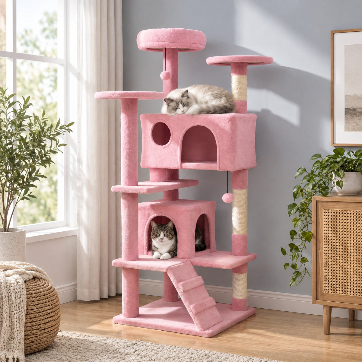 Airfind 52 Inch Tall Cat Tree Tower for Indoor Cats, 22 lbs Capacity, Engineered Wood Sponge Plush Fabric Sisal Frame, Light Gray