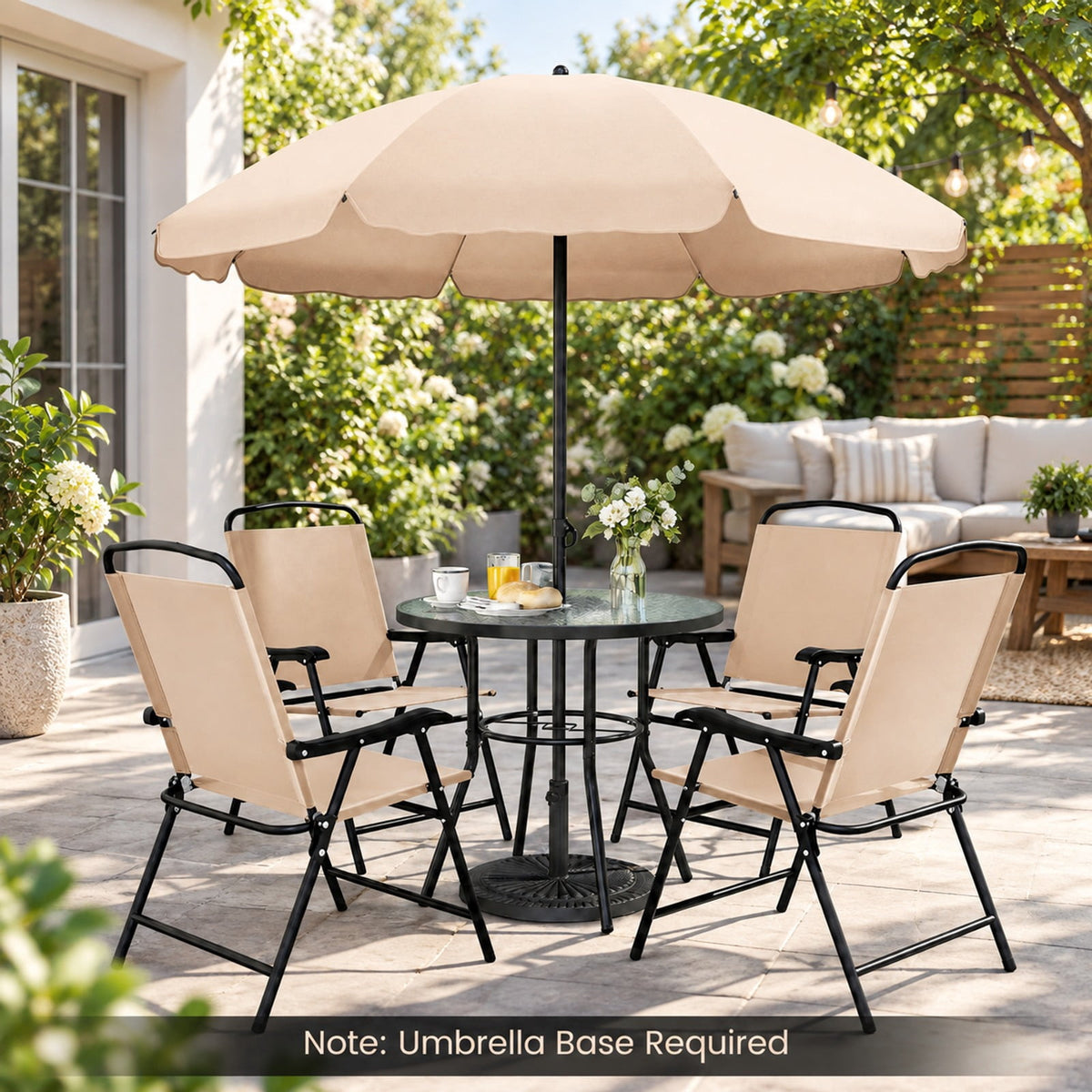 Airfind 6 Pieces Patio Dining Set with Umbrella and 4 Folding Armchairs, 165 lbs Capacity, Metal Fabric Frame, 23 x 21.5 x 34 Footprint, Beige