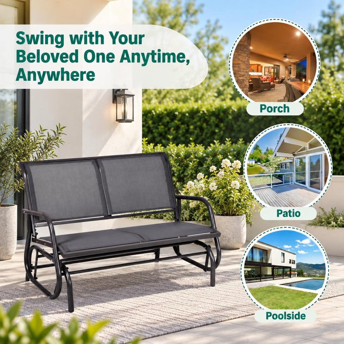 Airfind Swing Glider Chair 48 Inch Loveseat Rocker Lounge Backyard, 400 lbs Capacity, Steel Frame, 48.5 Inch x 28 Inch x 34 Inch Footprint, Gray