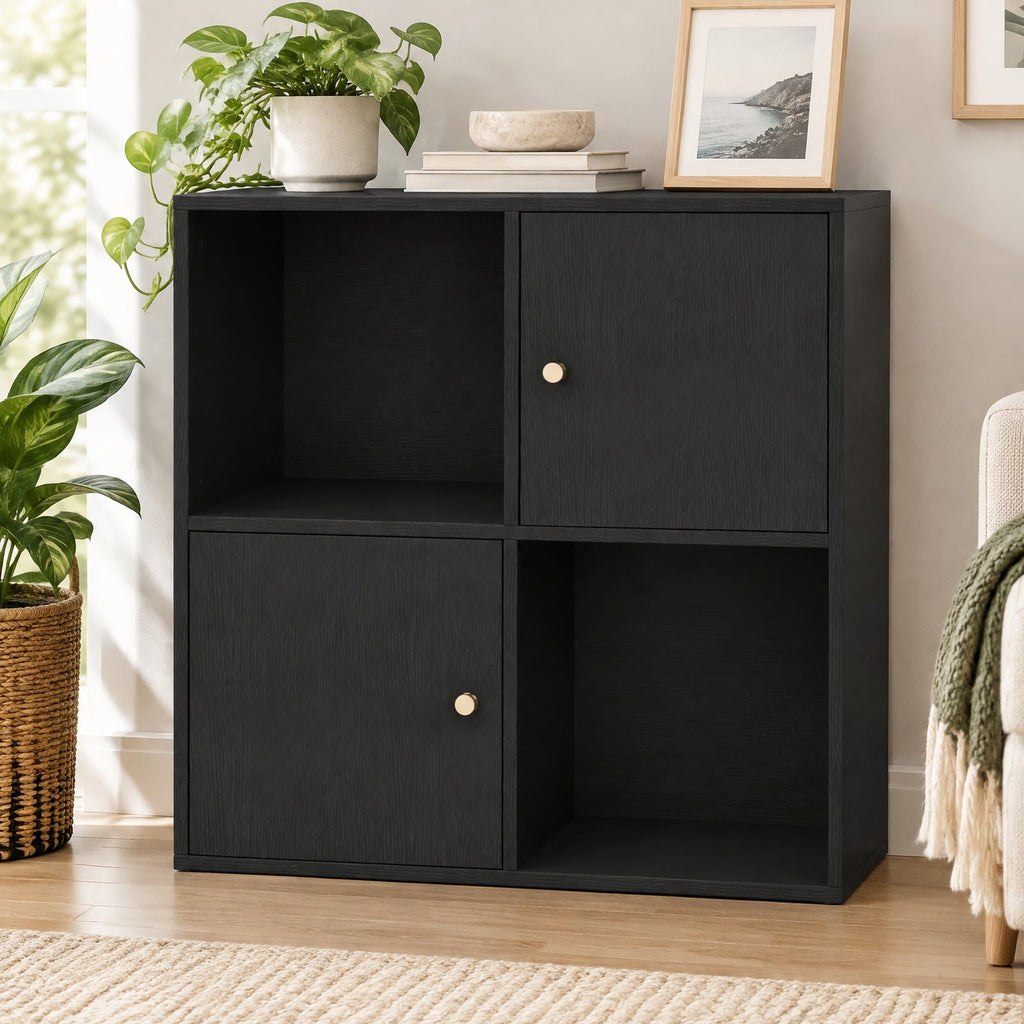 Airfind 4-Cube Bookcase 3-Tier Bookshelf with Dual Anti-Tipping Kits and 2 Cabinets, 110 lbs Capacity, MDF Engineered Wood Frame, Black