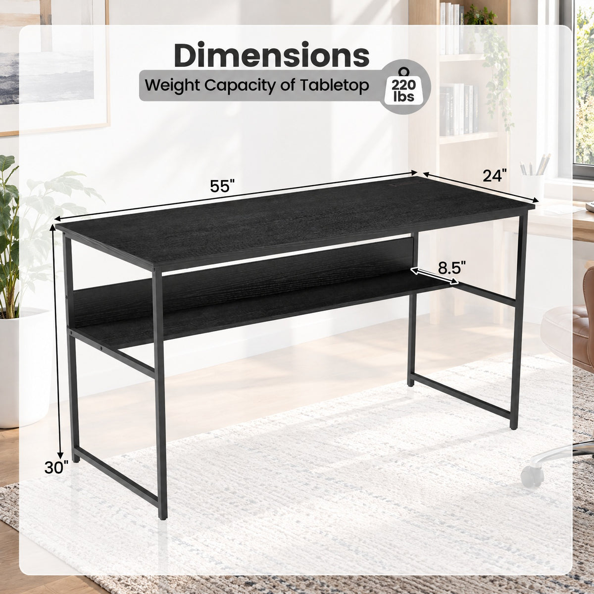 Airfind 55 x 24 inch Computer Desk with Power Outlets and USB Ports, 220 lbs Capacity, Engineered Wood Metal Frame, Black