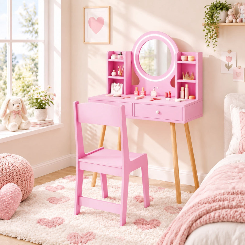 Airfind Youth Vanity Set featuring Lighted Mirror and Storage Drawers, 110 lbs Capacity, Engineered Wood Frame, for 3+ Years Old, Pink
