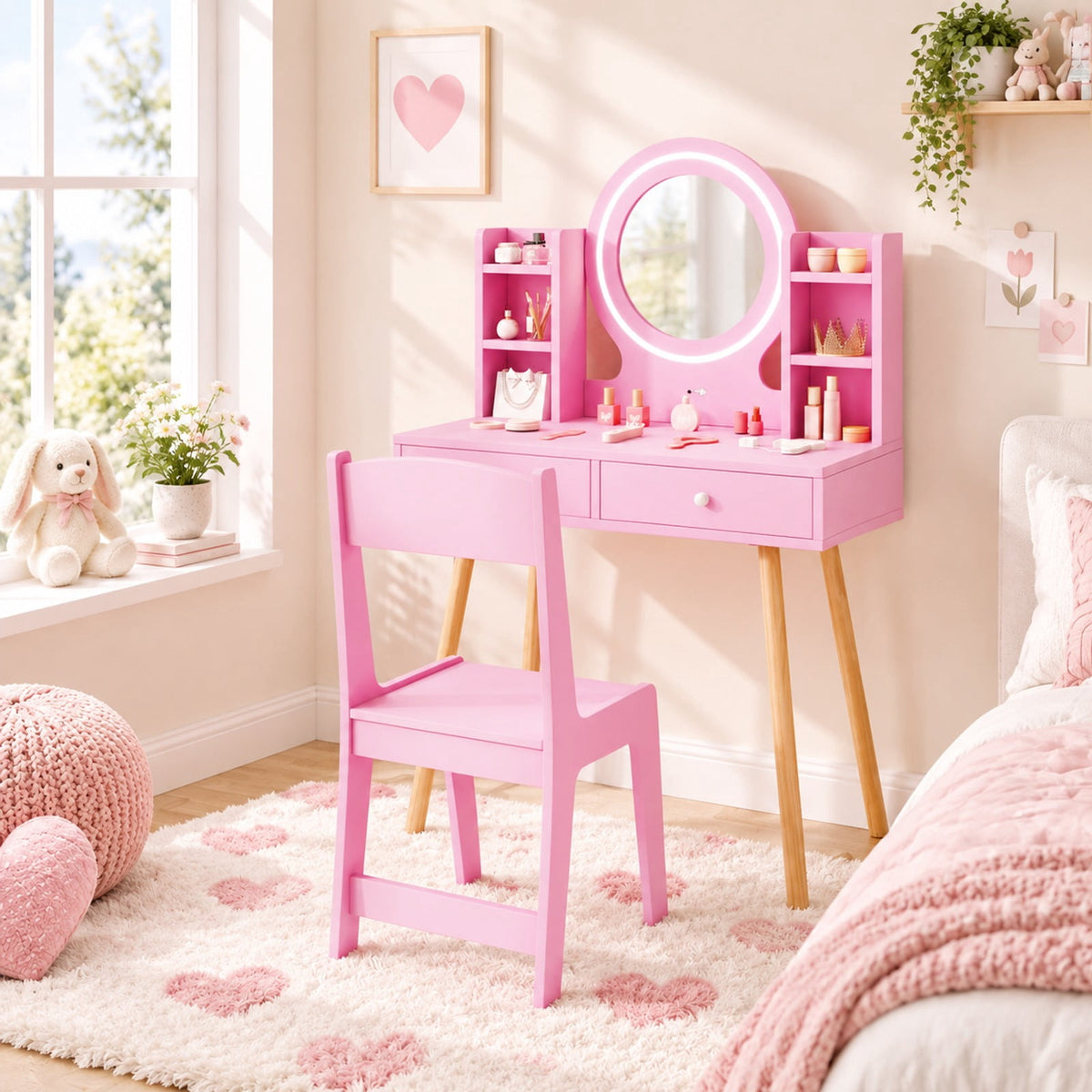 Airfind Youth Vanity Set featuring Lighted Mirror and Storage Drawers, 110 lbs Capacity, Engineered Wood Frame, for 3+ Years Old, Pink