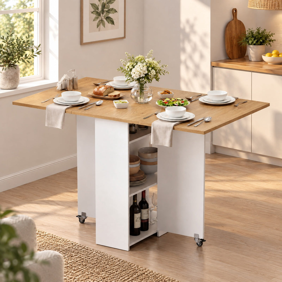 Airfind 47.5 Inch Farmhouse Extendable Wooden Dinner Table with Lockable Wheels, 88 Lbs Each Shelf Capacity, Engineered Board MDF, Natural
