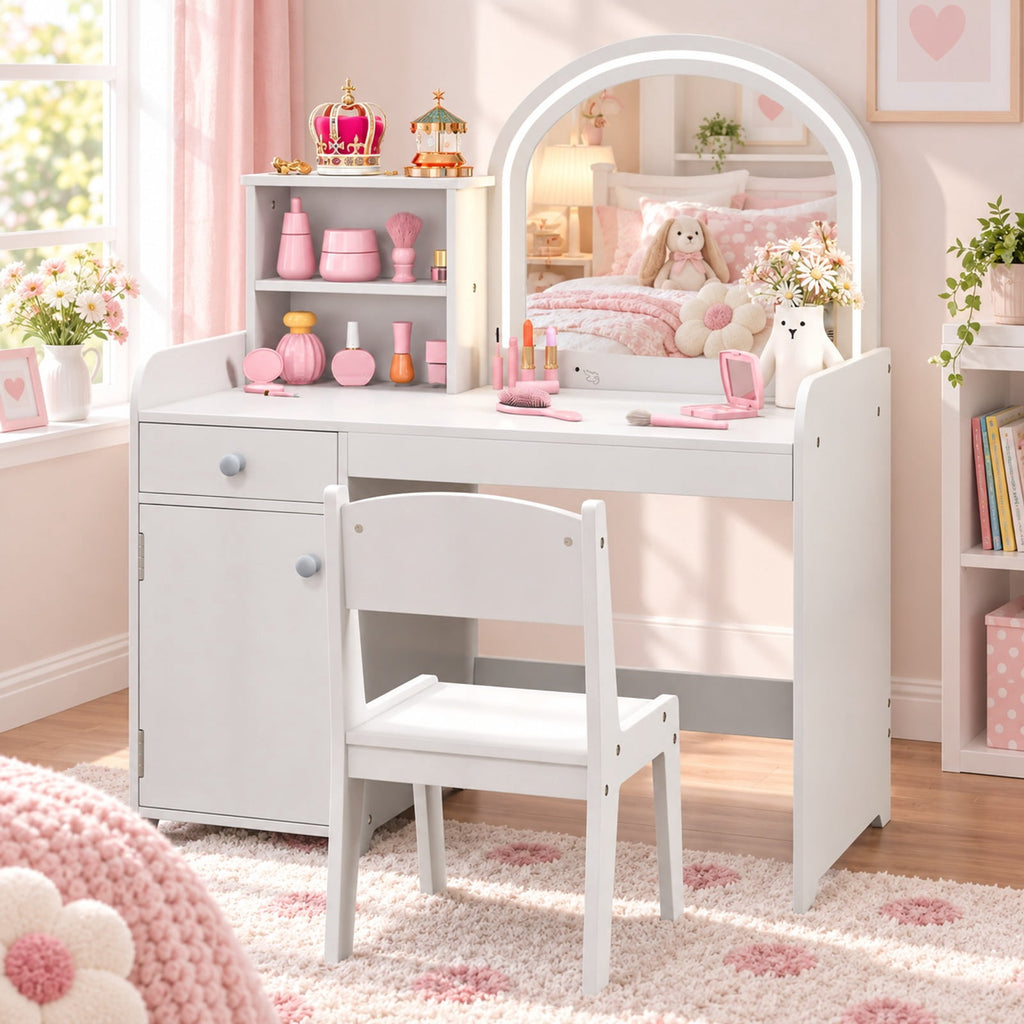 Airfind Kids Vanity Table and Chair Set with Shelves Drawer and Cabinet, P2 MDF Acrylic Frame, for Over 3 Years Old, 31.5 Inch x 16 Inch x 37 Inch Footprint