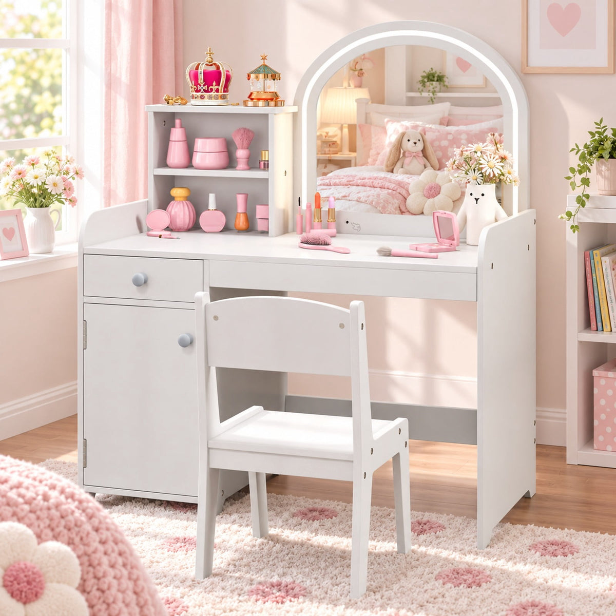 Airfind Kids Vanity Table and Chair Set with Shelves Drawer and Cabinet, P2 MDF Acrylic Frame, for Over 3 Years Old, 31.5 Inch x 16 Inch x 37 Inch Footprint