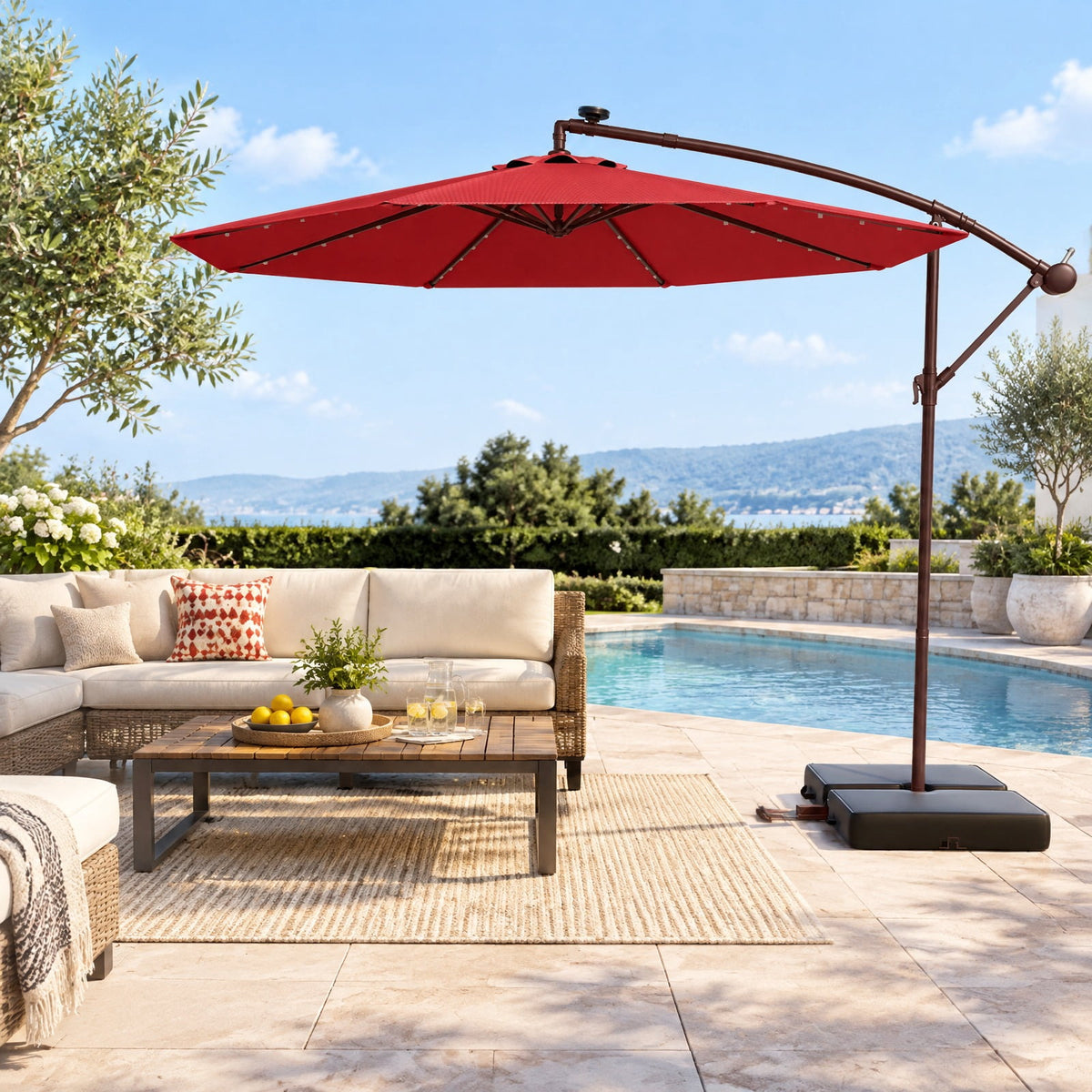 Airfind 10 Ft Patio Umbrella Offset Cantilever Umbrella with 40 Solar Powered Lights, Polyester Fabric Metal Oxford Fabric Frame, Red