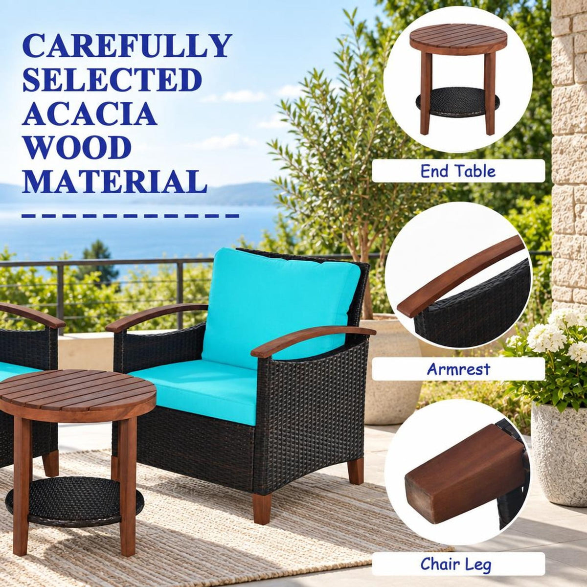 Airfind 3 Pieces Patio Rattan Furniture Set with Washable Cushion and Acacia Wood Tabletop, 360 lbs Capacity, 26 x 27.5 x 31 Footprint, Turquoise