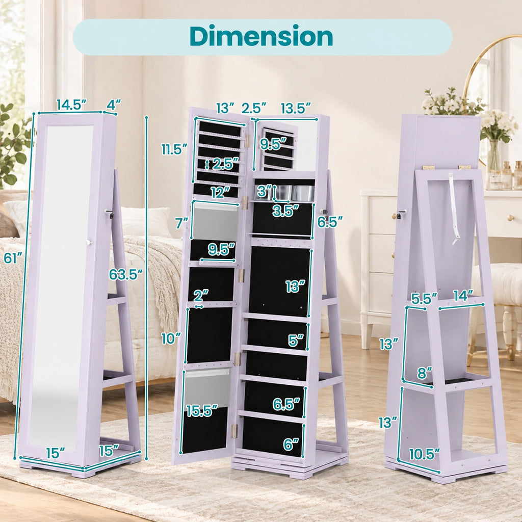 Airfind 360° Rotatable 2-in-1 Lockable Jewelry Cabinet with Full-Length Mirror, P2 MDF Frame, 15 Inch x 15 Inch x 63.5 Inch (L x W x H) External Footprint