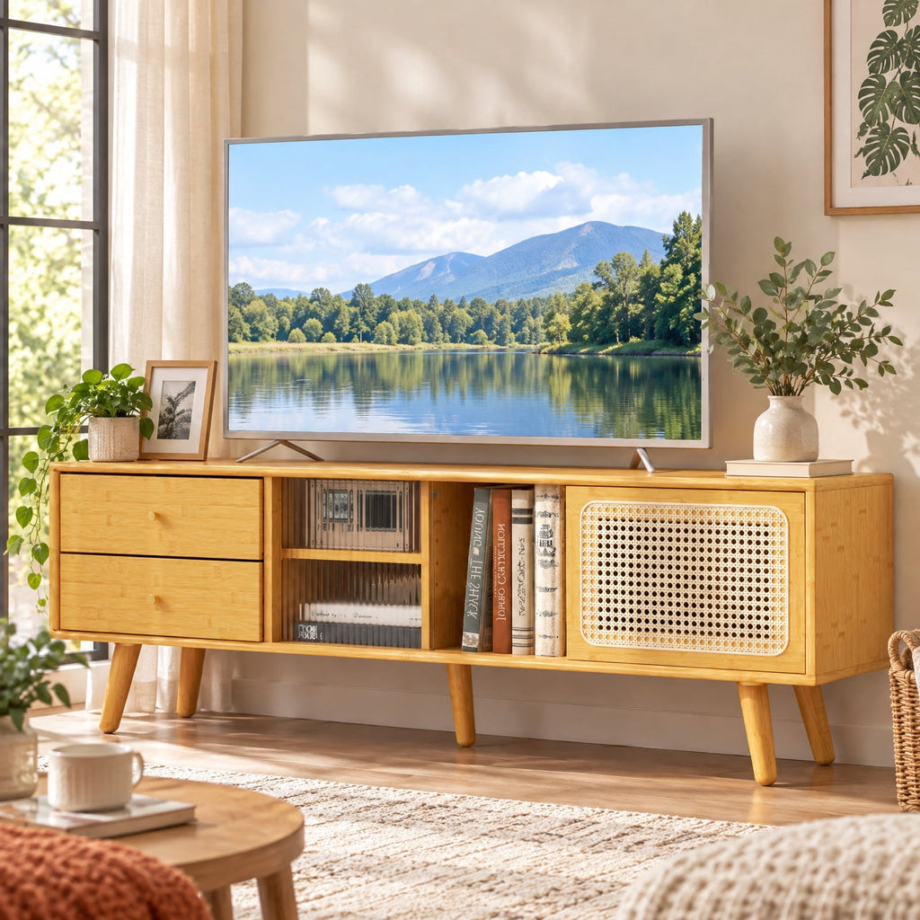 Airfind TV Stand, Bamboo, for TV up to 65 Inch, 155 lbs Capacity, Wood PE Rattan Glass Frame, 55 Inch x 12 Inch x 18 Inch Interior Footprint, Natural