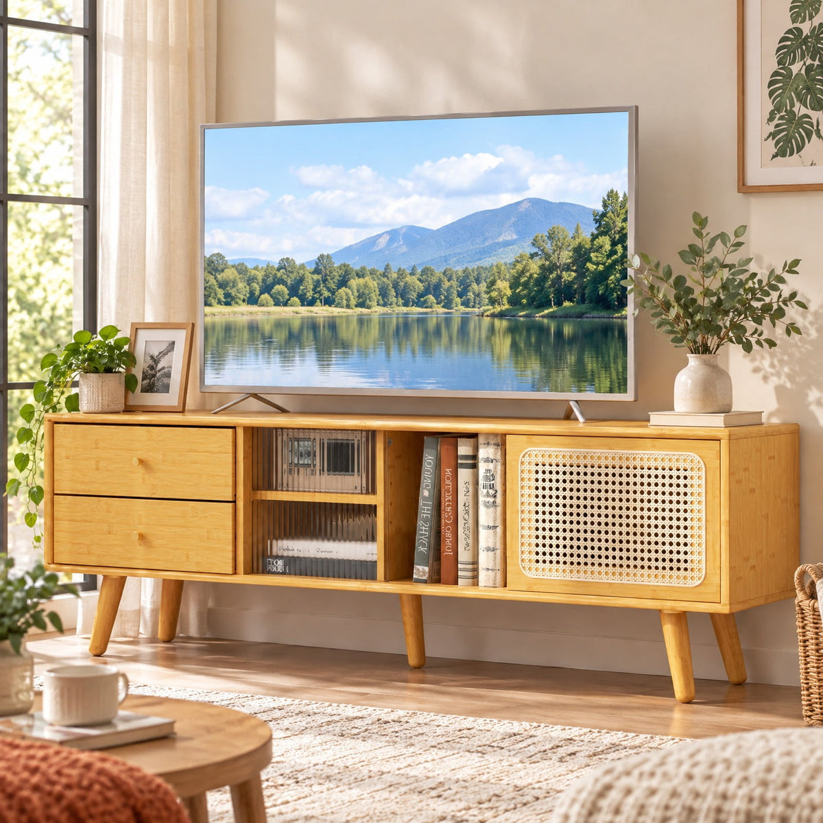 Airfind TV Stand, Bamboo, for TV up to 65 Inch, 155 lbs Capacity, Wood PE Rattan Glass Frame, 55 Inch x 12 Inch x 18 Inch Interior Footprint, Natural