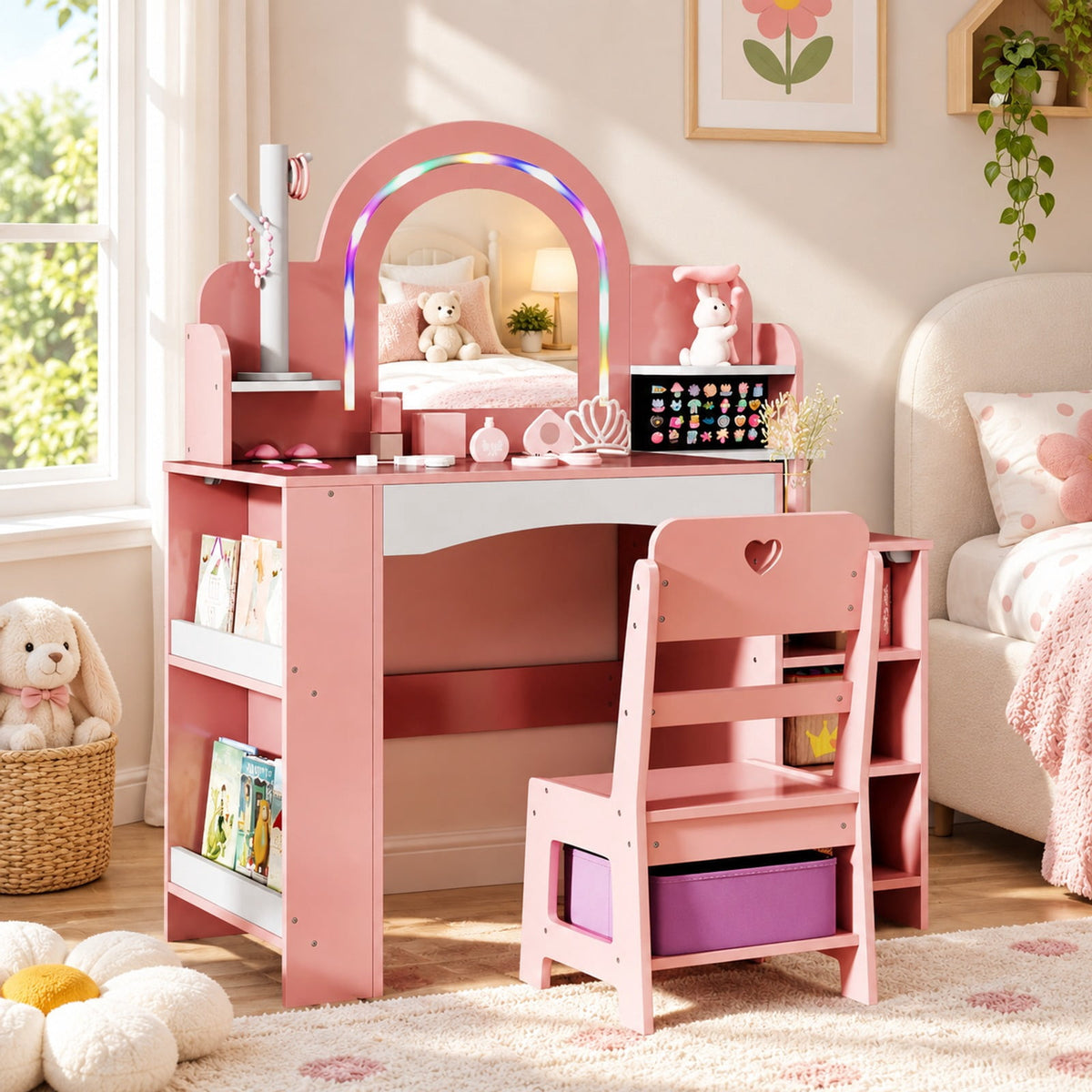Airfind Kids Vanity Set with Colorful LED Lights Princess Makeup Dressing Table with Chair, 110 lbs Capacity, MDF Frame, 34in x 15.5in x 41in Footprint