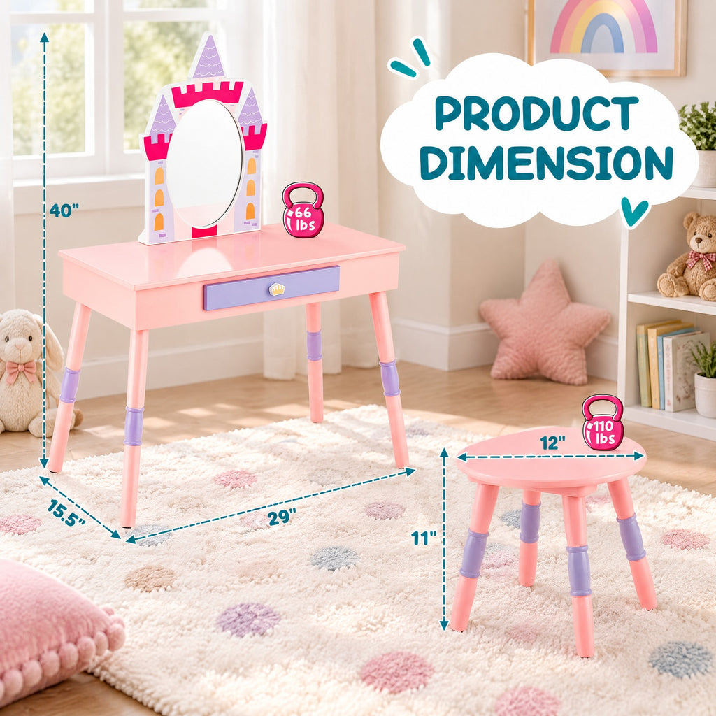 Airfind Kids Princess Vanity Table and Stool Set with Drawer and Mirror, 66 lbs Capacity, MDF Silver Frame, for 3+ Years old, Pink