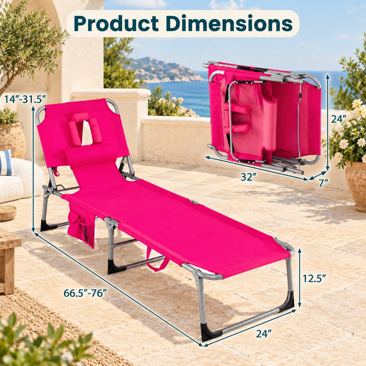 Airfind Set of 2 Tanning Chair Portable Chaise Lounge Chair with 4-Position Adjustable Backrest, 330 lbs Capacity, Pink