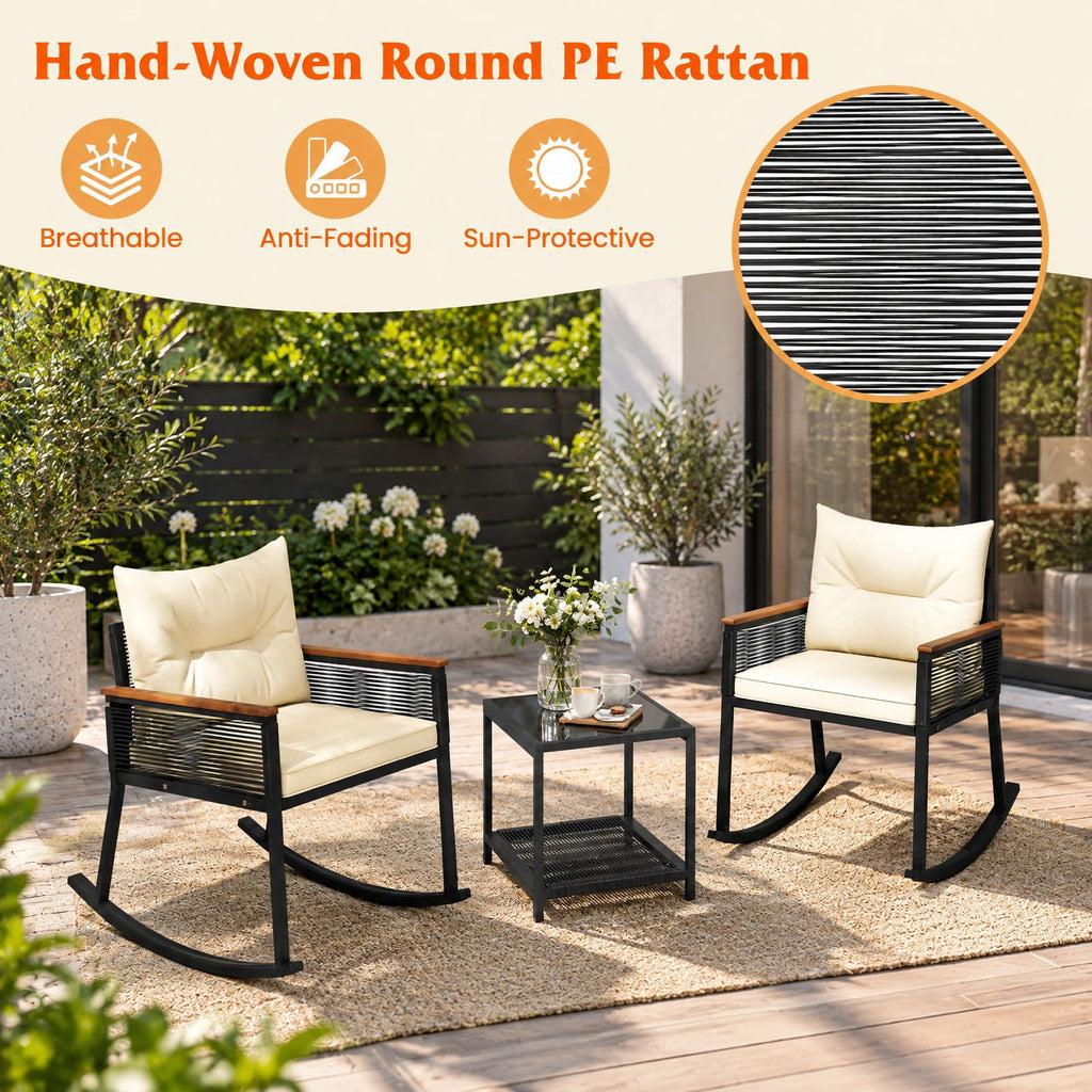 Airfind 3 Piece Outdoor PE Rattan Rocking Bistro Set with 2-Tier Coffee Table, Chair 400 lbs Capacity, 34.5 × 24.5 × 30.5 Footprint, White