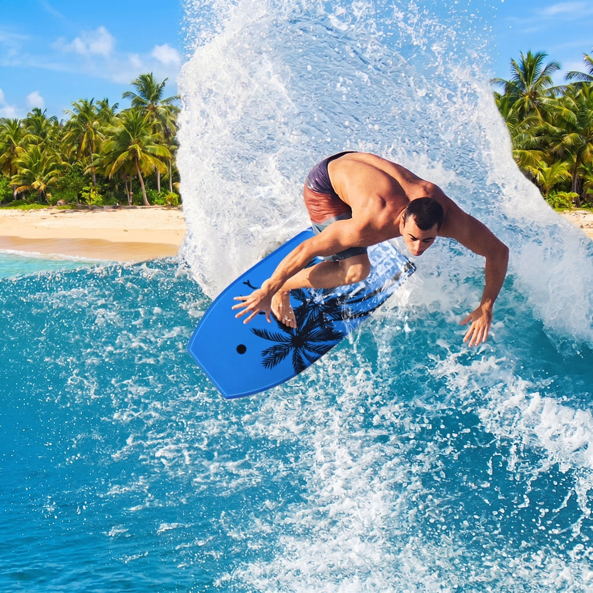 Airfind 33 Inch Ultra-Light IXPE Bodyboard for Kids ¡ª Cool-Touch Deck, EPS Core, HDPE Slick Bottom, Crescent Tail, Coiled Wrist Leash (Blue)