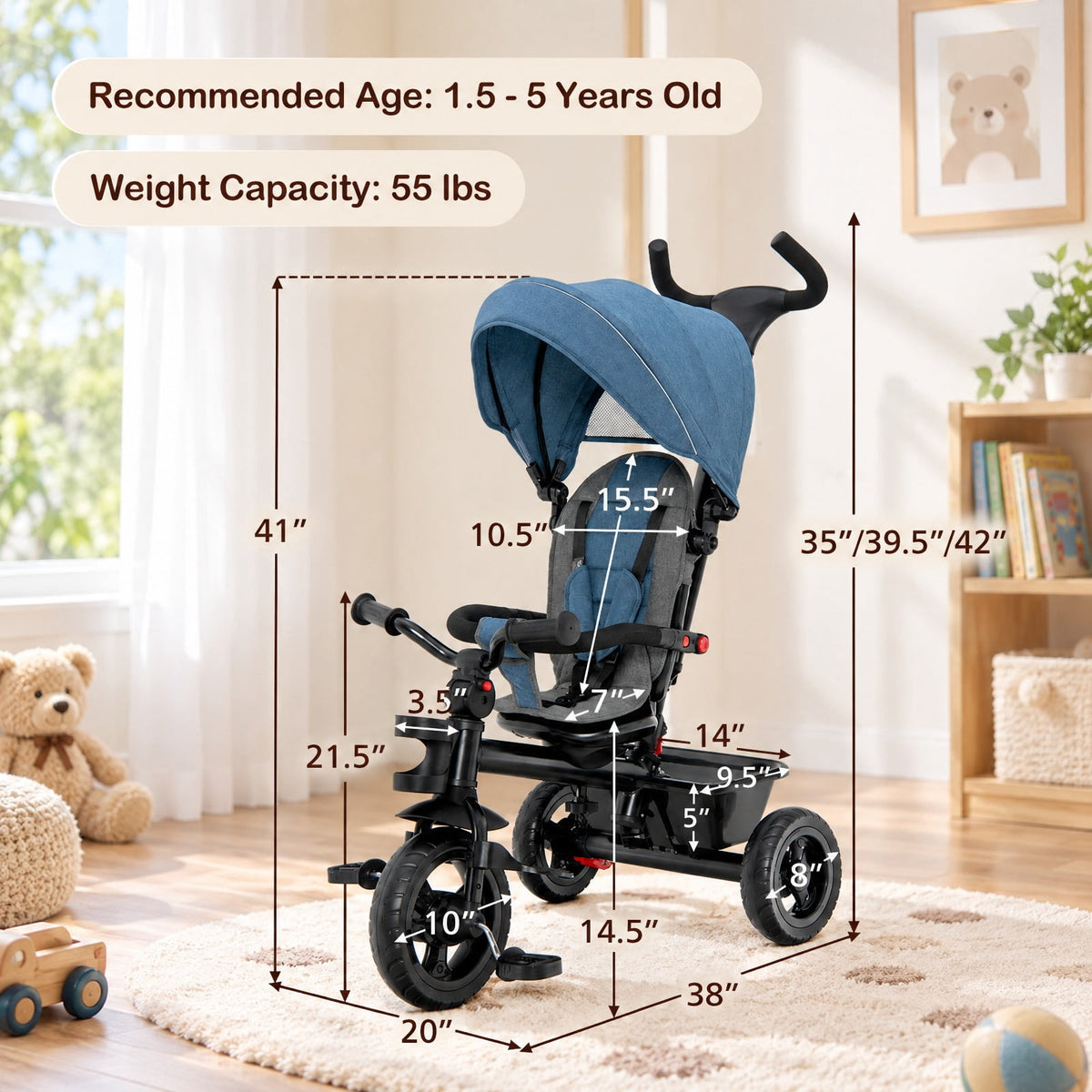 Airfind 4-in-1 Youth Tricycle Youth Trike featuring Convertible Seat, 55 lbs Capacity, Steel Polyester Fabric PP EVA Frame, Blue