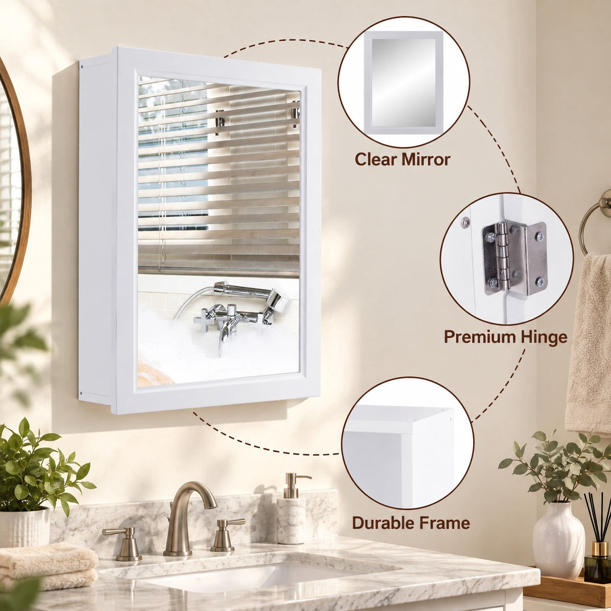 Airfind Wall Mounted Adjustable Medicine Storage Mirror Cabinet, MDF glass Frame, 20 Inch x 6 Inch x 26 Inch Footprint, White