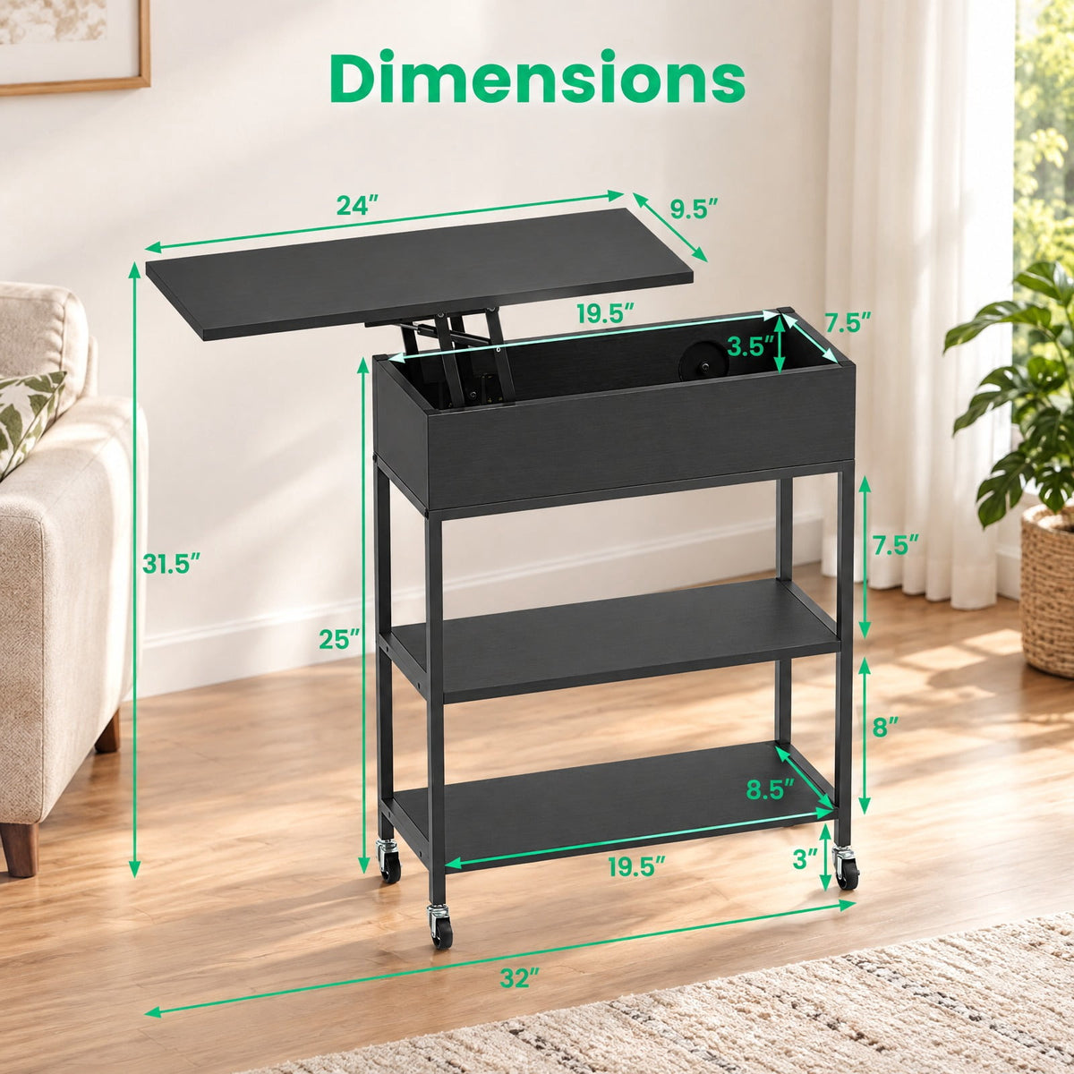 Airfind Lift Top End Table with Charging Station and Universal Wheels, 121 lbs Capacity, Engineered Wood Metal Frame, 24 x 9.5 x 25.5 Footprint