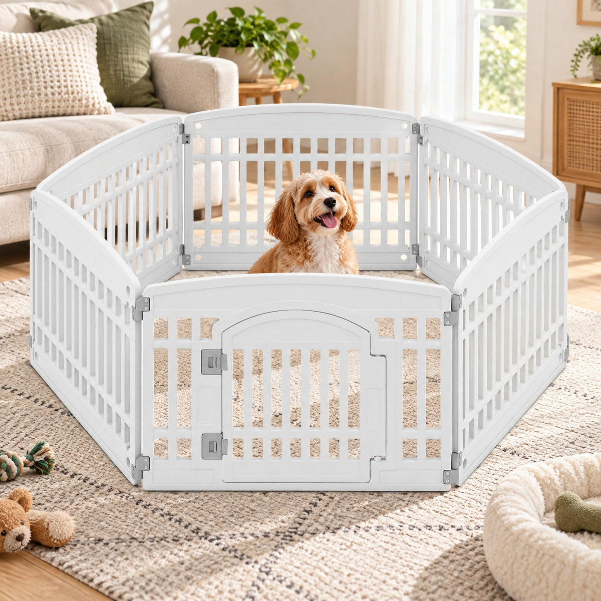 Airfind 6-Panel Plastic Dog Playpen 24 Inch Indoor Outdoor Pet Fence with Locking Door, HDPE Rectangular-shaped Playpen Frame, White