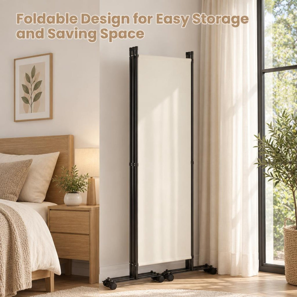 Airfind 4-Panel Room Divider with Lockable Wheels for Living Room, Polyester Fabric Metal Frame, 87in x 14in x 68in Footprint, Beige