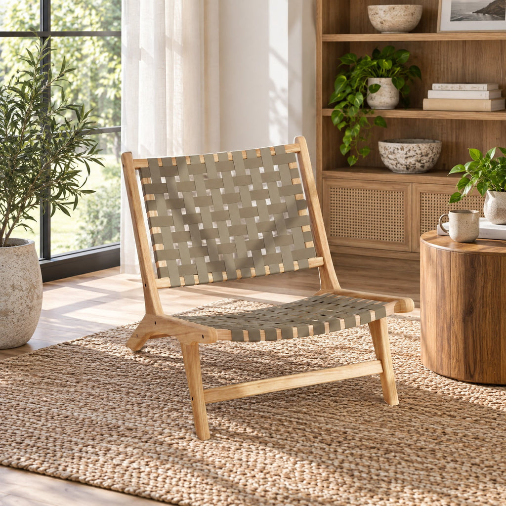 Airfind Modern Armless Teak Wood Lounge Chair with Nylon Woven Backrest and Seat, 240 lbs Capacity, Teak Wood Nylon Frame, Brown