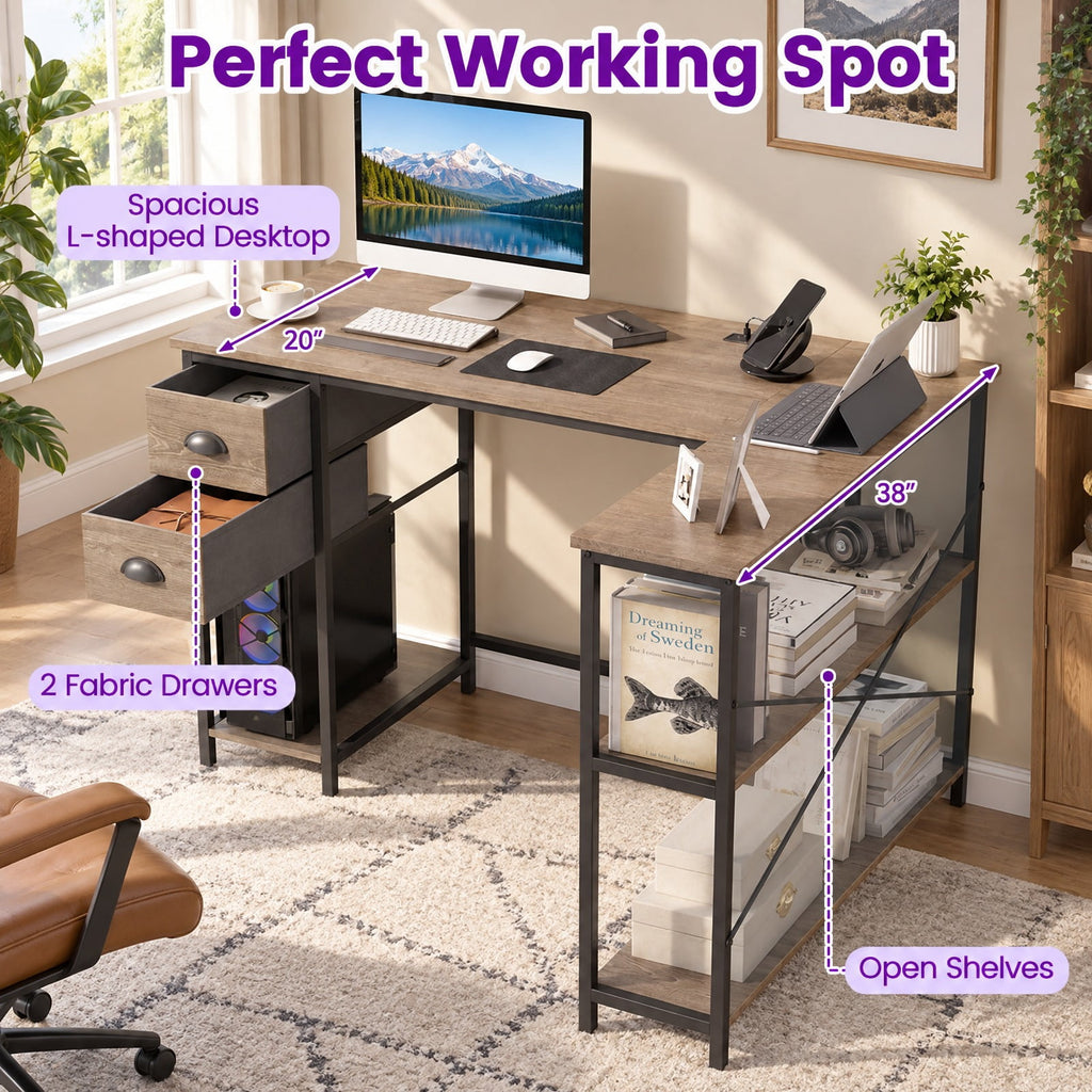 Airfind L Shaped Desk with Charging Station Corner Computer Desk with 2 Fabric Drawers, 110 lbs Capacity, Engineered Wood Metal Fabric Frame
