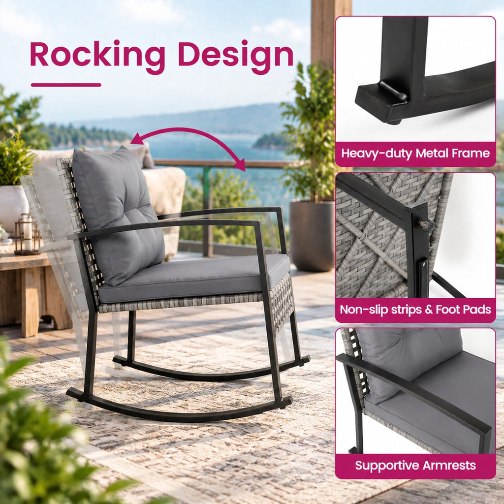 Airfind 3-Piece Outdoor Rocking Chair Set for Garden, 100 lbs Capacity, 28.5 x 22.5 x 31 Footprint, Gray