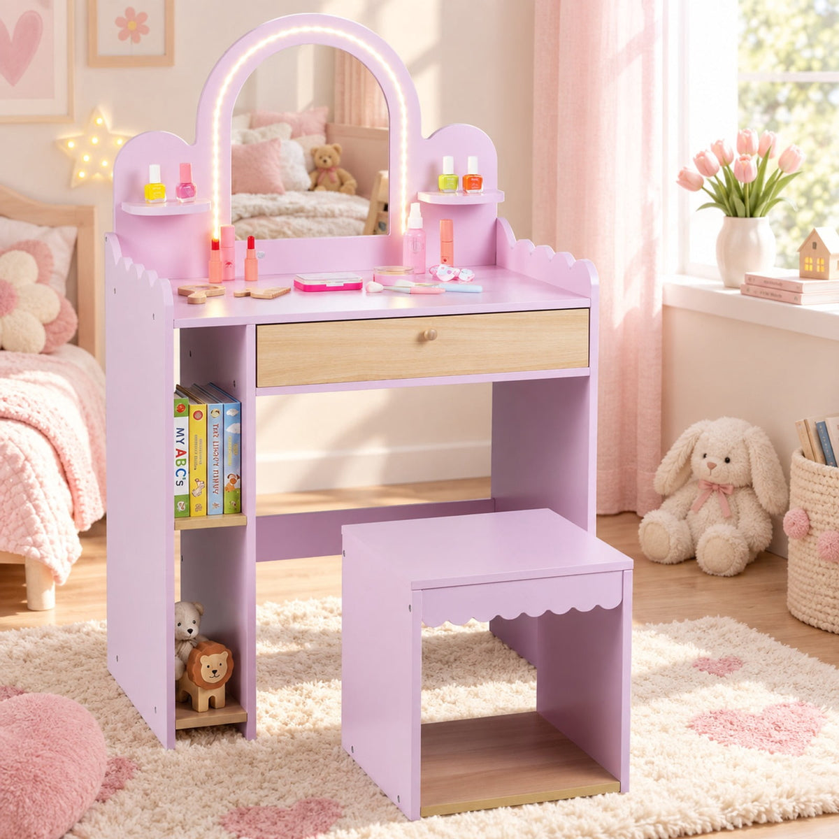 Airfind Pretend Personal Dressing Table Set with 2 Small Shelves and Compartments, 90 Lbs Capacity, Engineered Wood, for 3 and Years Old, Pink