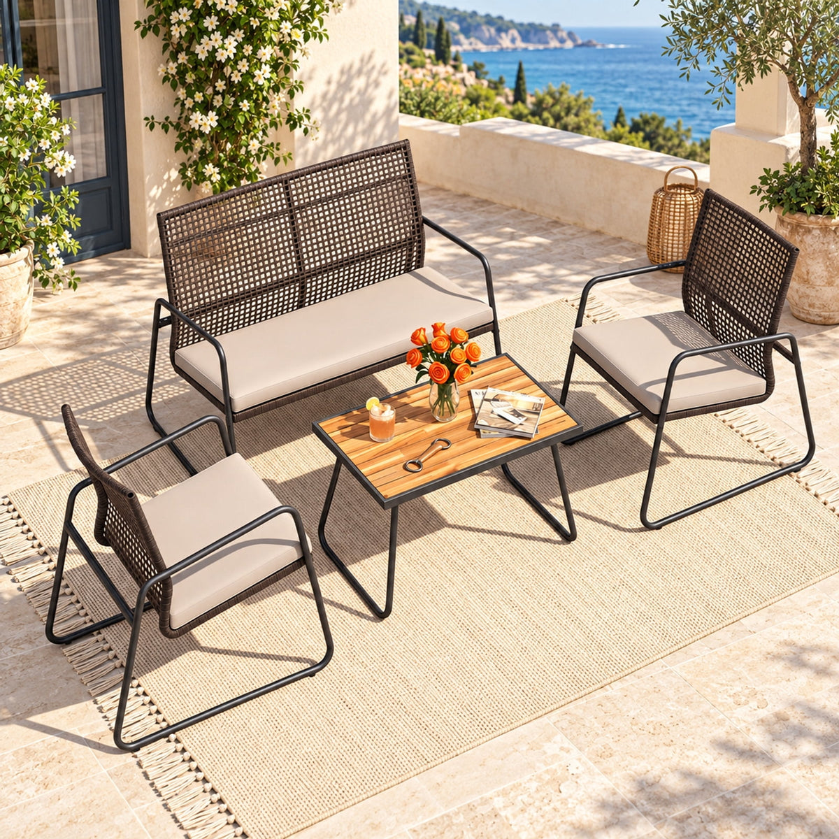 Airfind 8 Pieces Patio Furniture Set with Acacia Wood Coffee Table and Zippered Cushions, 110 lbs Capacity, 31 x 20 x 17 Footprint, Yellow