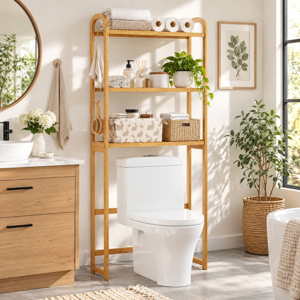 Airfind 3-Tier Bamboo Bathroom Floor Organizer with 5-Position Shelves and 3 Hooks, 132 lbs Capacity, Bamboo Frame, Natural