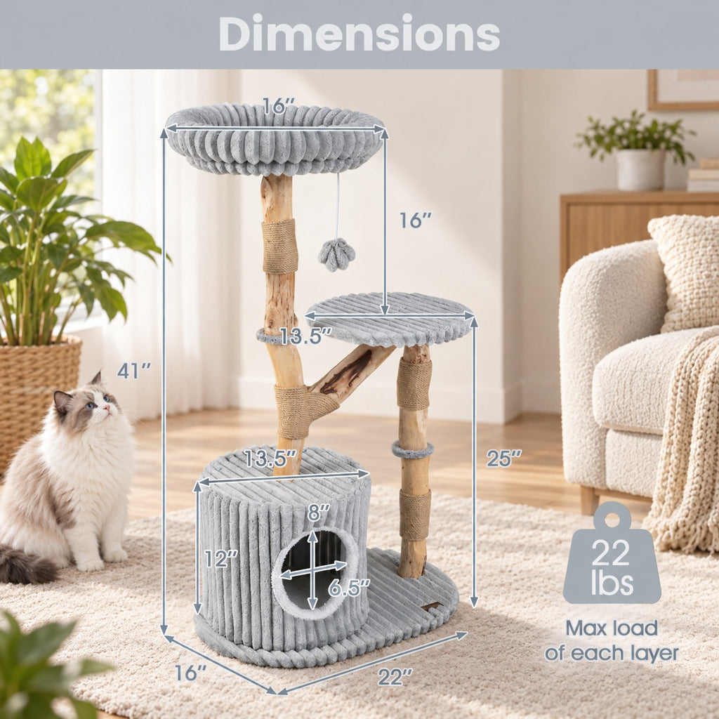 Airfind Solid Wood Cat Tree 41 Inch with Real Branches Scratching Posts and Cozy Bed, 22 lbs Capacity, Pear Wood Frame, 22 x 16 x 41 Footprint