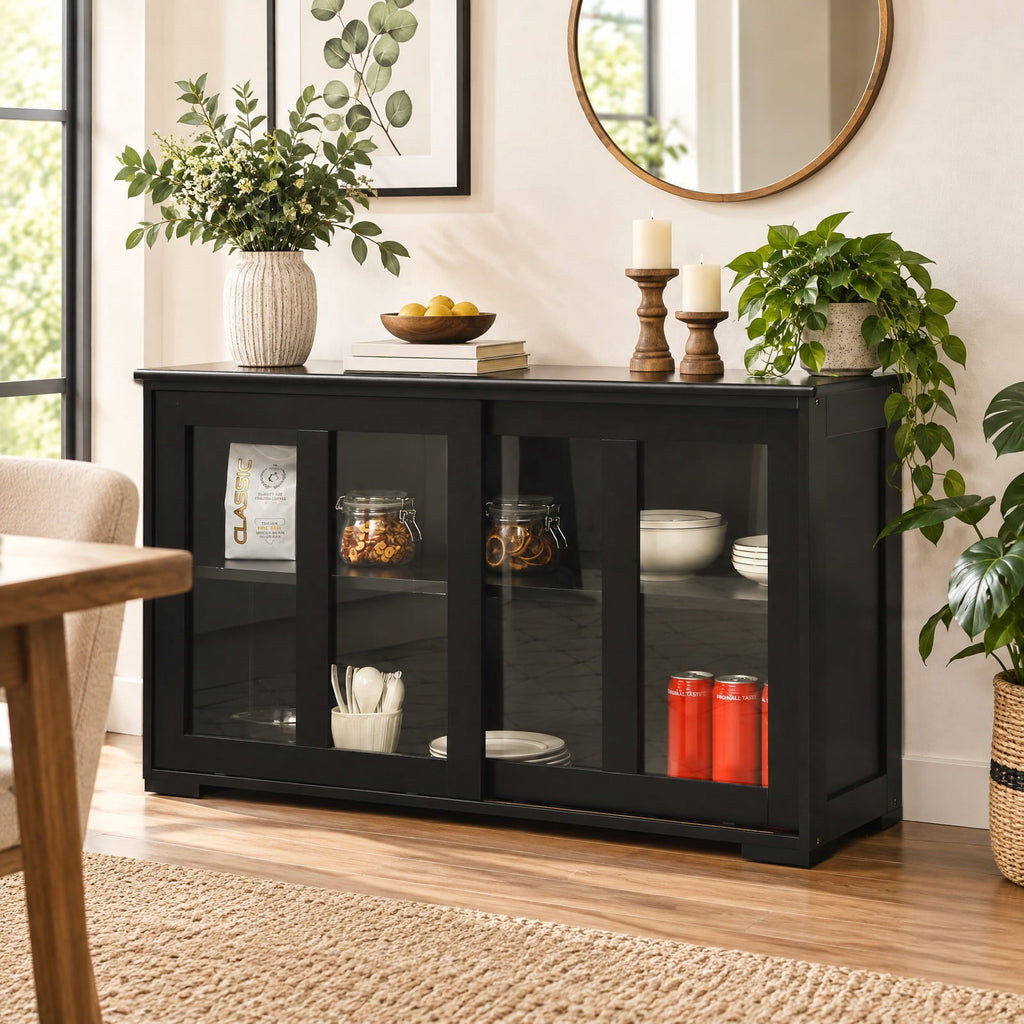 Airfind Kitchen Storage Cabinet with Glass Sliding Door, MDF transparent tempered glass Frame, 42in x 13.0in x 24.5in Footprint, Black