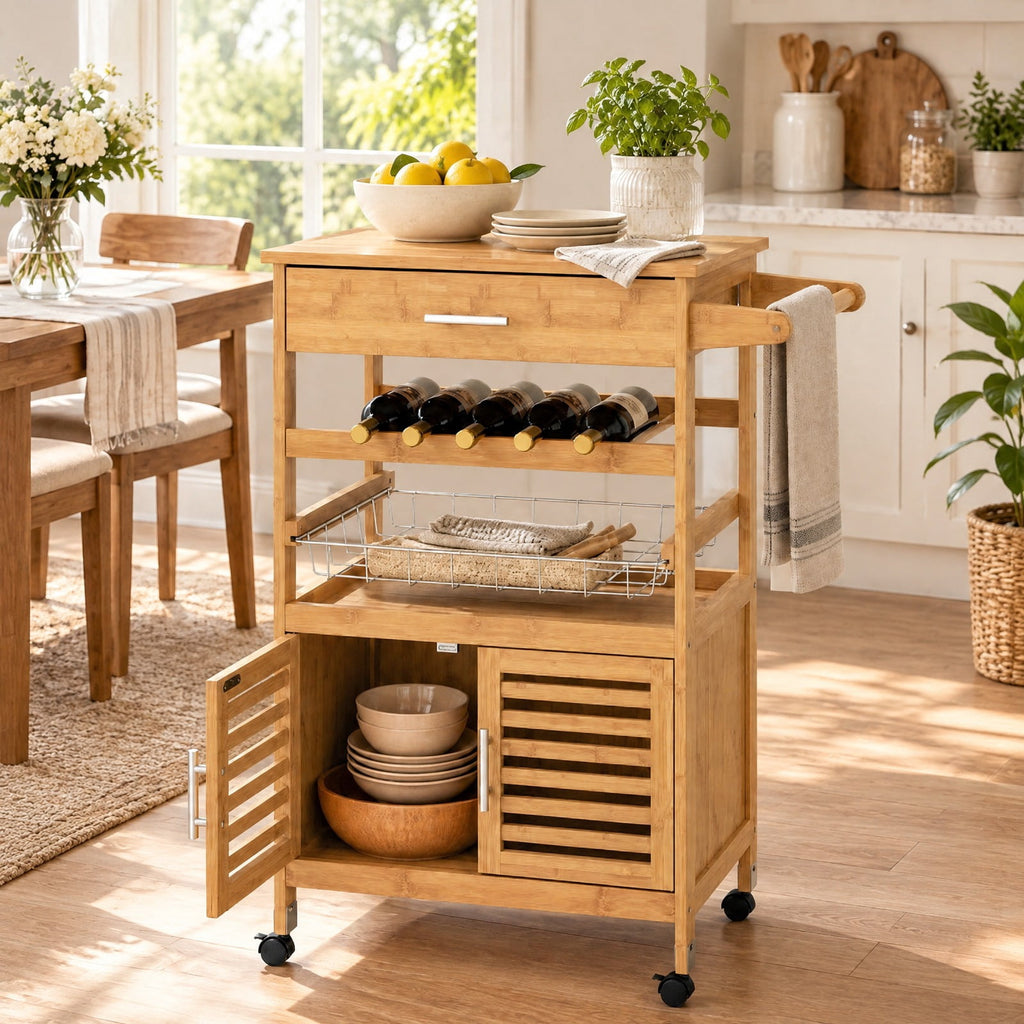 Airfind Bamboo Rolling Kitchen Island Trolley with Storage Cabinet and Wine Rack, 66 lbs Capacity, Bamboo Engineered Wood Metal Frame, Natural