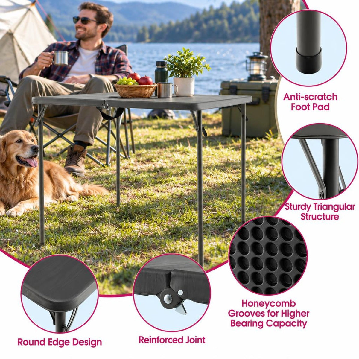 Airfind Folding Camping Table with All-Weather HDPE Tabletop and Rustproof Steel Frame, 330 lbs Capacity, HDPE Steel Frame, Gray