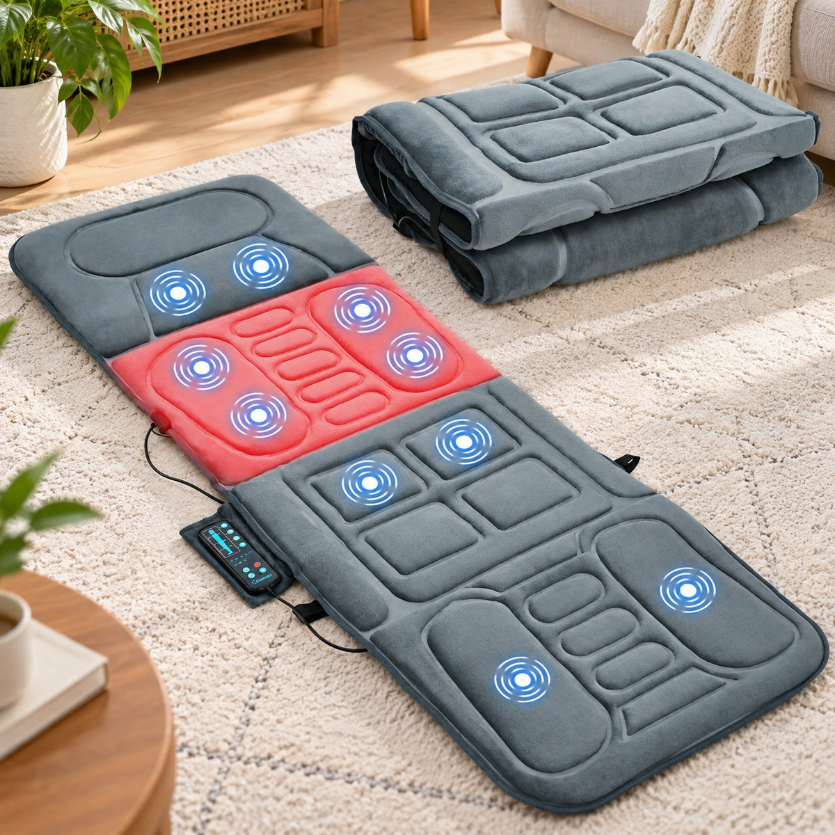 Airfind Foldable Massage Mat with Heat and 10 Vibration Motors, Polyester memory foam Frame, 65 x 25.5 Footprint, Gray