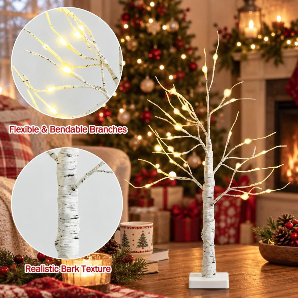 AIRFIND Artificial Birch Tree 2 ft with 24 Warm White LED Lights, Bendable Branches and Battery-Powered Base for Indoor Holiday Decor, White