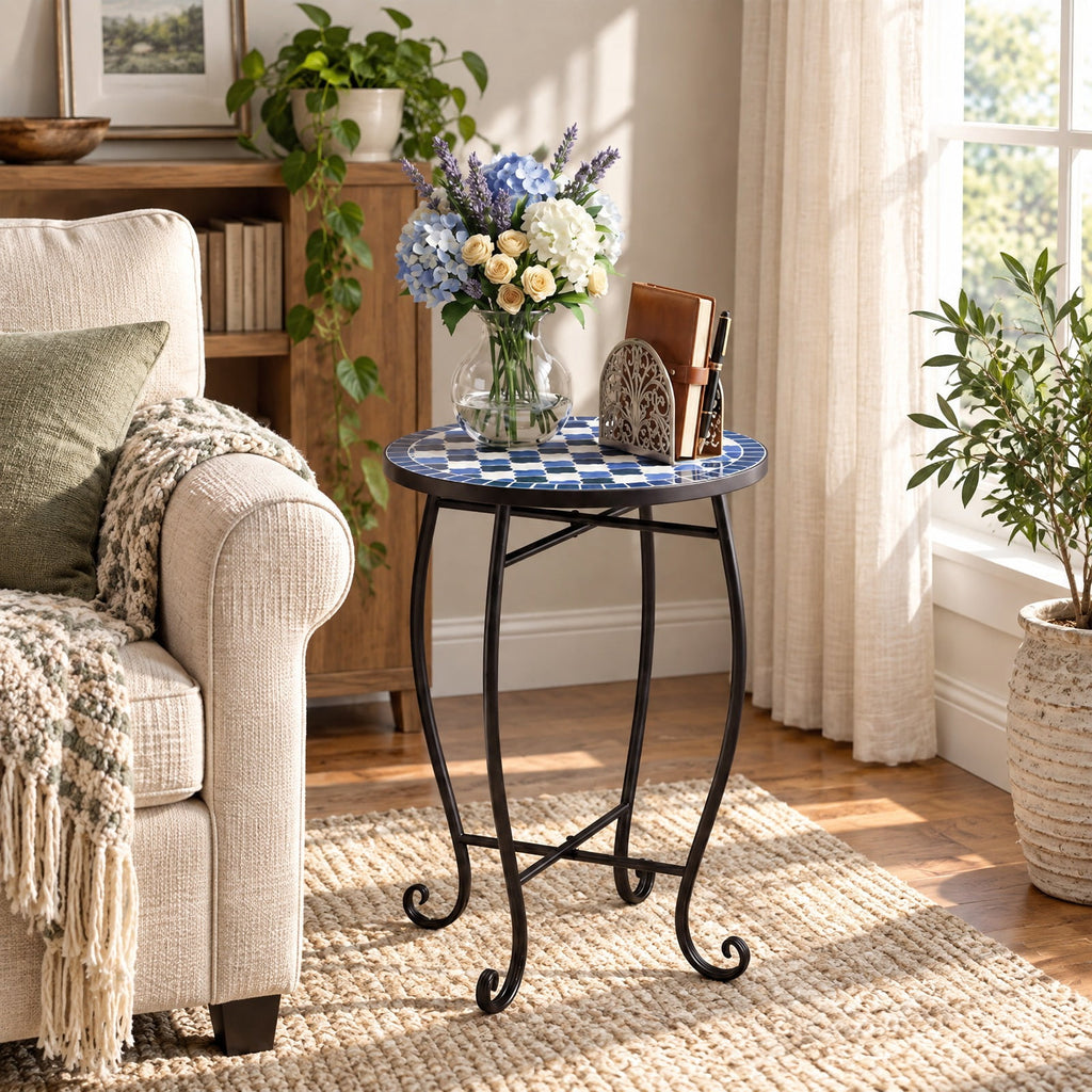 Airfind 14 Inch Floral Clover/Blooming Lotus/Bright Sunflower Mosaic Patio Accent Coffee End Table, 35 lbs Capacity, Metal Frame, 14 Inch x 20 Inch Footprint