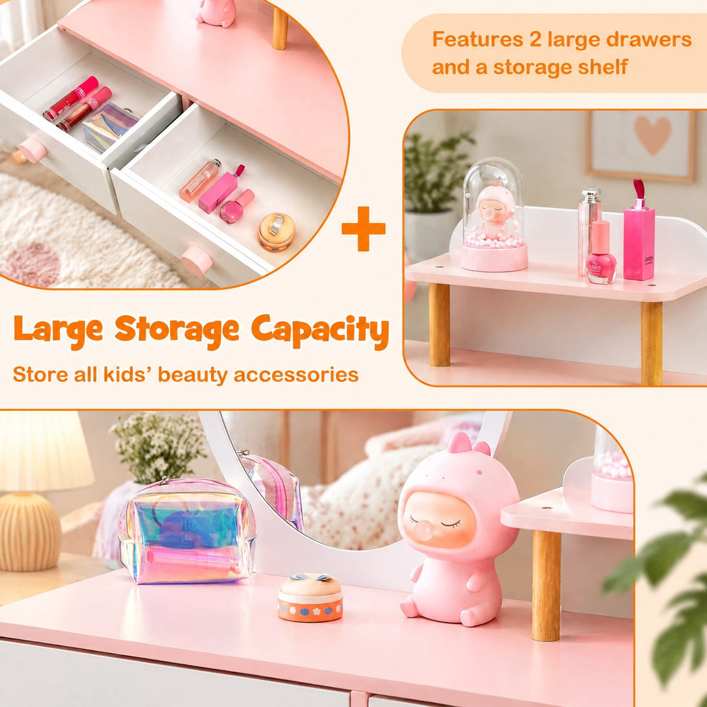 Airfind Kids Vanity Table and Chair Set with Drawer Shelf and Rabbit Mirror, 66 lbs Capacity, MDF Beech Wood Frame, White