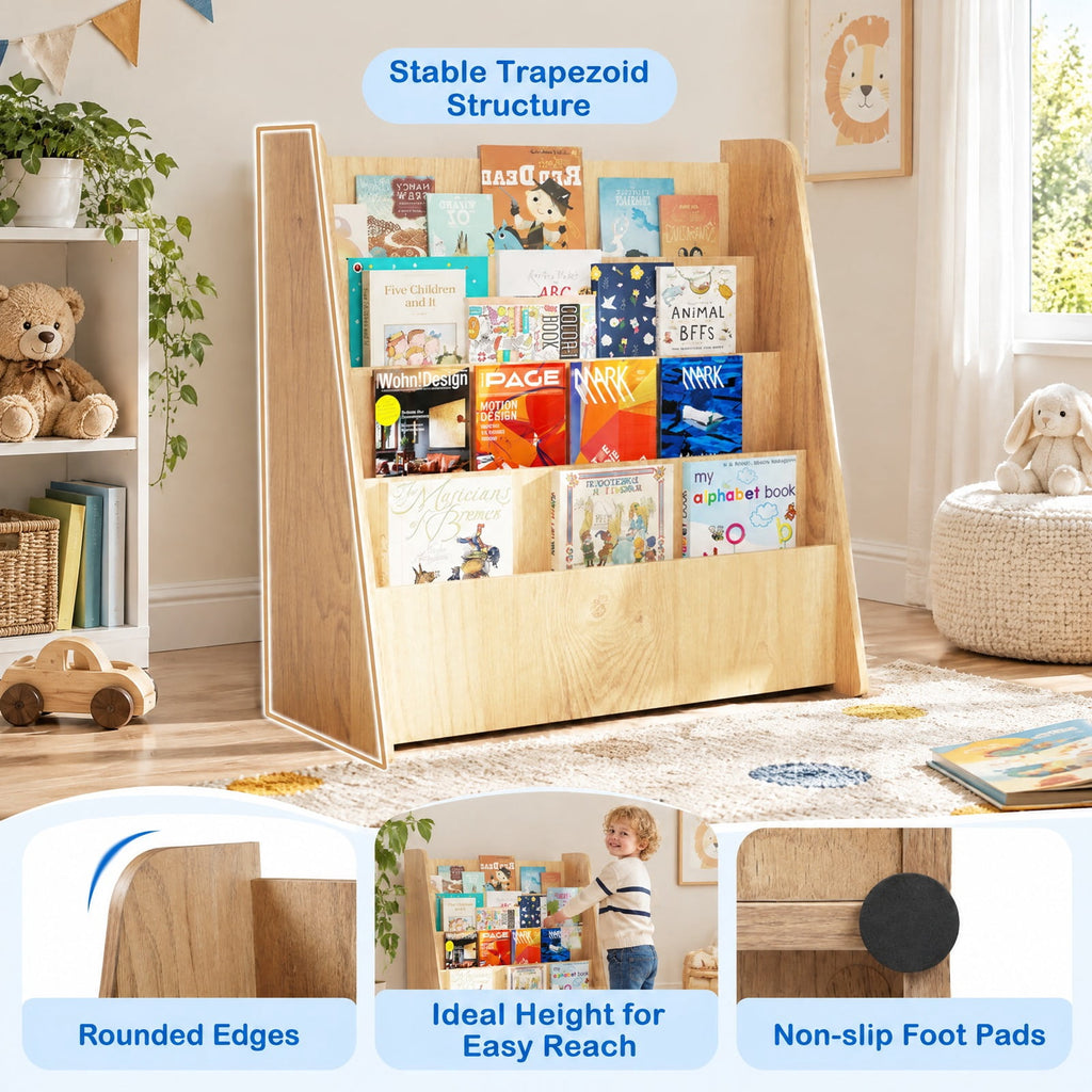 Airfind 4-Tier Kids Bookshelf with Deep Compartments for Bedroom, Natural, 4 open and deep compartments for book storage