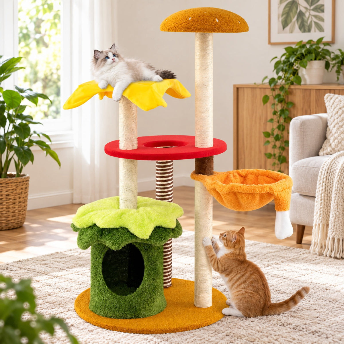 Airfind 46 Inch Tall Cat Tree Multi-Level with Padded Perch and Hanging Basket Bed, 22 lbs Capacity, 24 Inch x 46 Inch (Dia. x H) Condo Footprint, Yellow